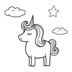 A cute white unicorn with a pink mane and horn, standing against a night sky with clouds and a star