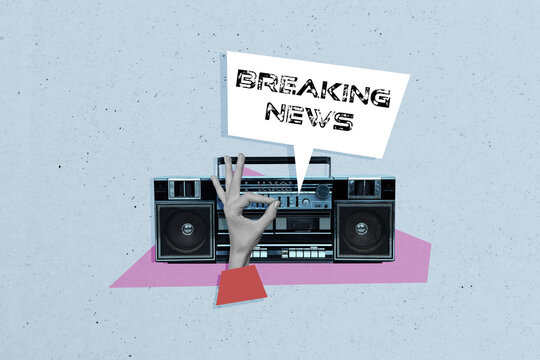 Composite trend artwork image photo collage of hand show gesture okay choose retro music recorder boombox speech cloud breaking news radio