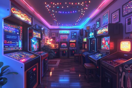 Retro Gaming Den with arcade machines, retro gaming consoles, pixel art decor, and a nostalgic, gamer's paradise. Retro gaming home decor.