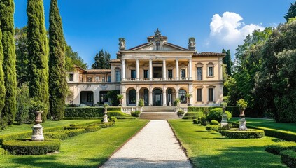A grand Italian villa with manicured gardens.