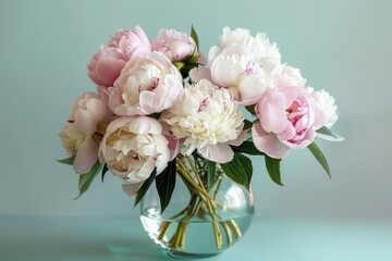 Fototapeta premium A bouquet of peonies in various stages of bloom, with soft pink and white petals, placed in a clear glass vase. 