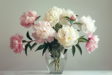 Obraz premium A bouquet of peonies in various stages of bloom, with soft pink and white petals, placed in a clear glass vase. 