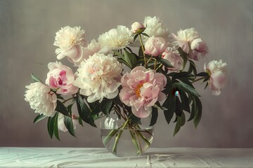 Fototapeta premium A bouquet of peonies in various stages of bloom, with soft pink and white petals, placed in a clear glass vase. 