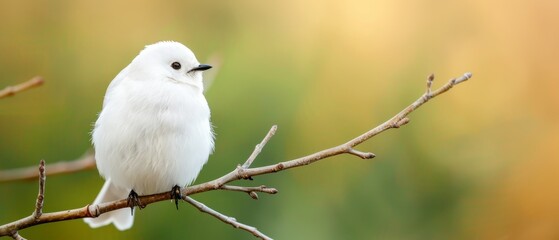 Fototapeta premium A white bird perches on a tree branch against a backdrop of out-of-focus green and yellow foliage