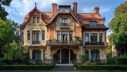 Fototapeta premium Ornate, brick house with balconies and greenery.