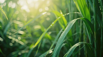 Sunlit closeup of dewy green leaves in a lush summer field