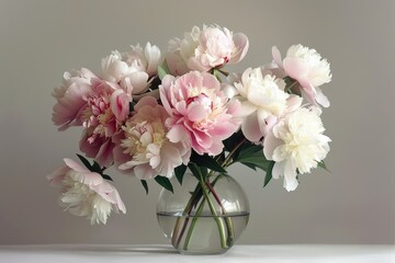 Obraz premium A bouquet of peonies in various stages of bloom, with soft pink and white petals, placed in a clear glass vase. 