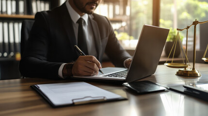 Middle aged professional executive, lawyer, writing notes, attending online webinar, financial data analysis, using laptop in office