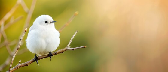  A small white bird perches on a tree branch against a green and yellow blurred backdrop