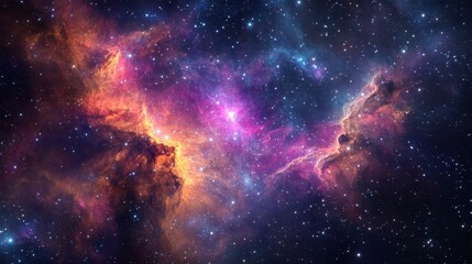 A vibrant cosmic nebula filled with stars and colorful gas clouds in deep space.