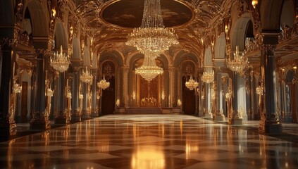 A grand golden hall with chandeliers and a polished floor.