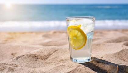 glass of ice water and lemon cocktail on the beach summer alcoholic drink on the sandy coast...