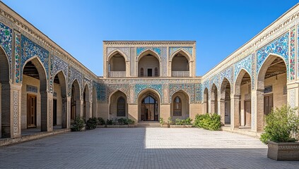 Obraz premium A courtyard with arches and intricate tile work.
