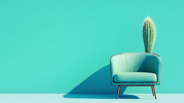 Cactus chair on bright blue background. Uncomfortable chair. Creative minimal idea. 