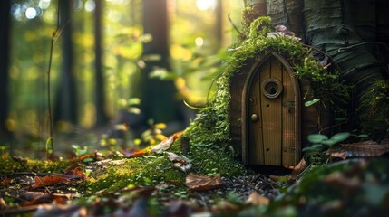 Little wooden fairy tale door in a tree trunk