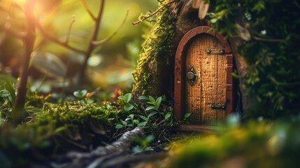 Little wooden fairy tale door in a tree trunk