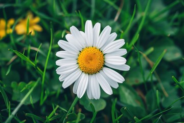 Fototapeta premium A close-up of a daisy flower, with its white petals and yellow center set against a background of green grass.