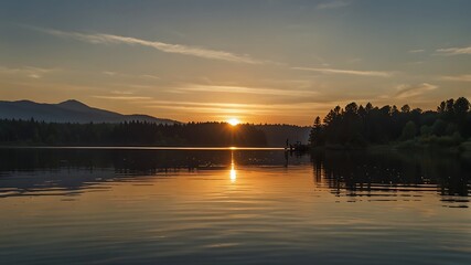 Fototapeta premium Golden Sunrise over Tranquil Lake with Mountain Silhouette