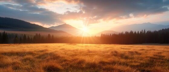 Fototapeta premium The sun sets over a tall grass field, surrounded by trees in the background, and a distant mountain range
