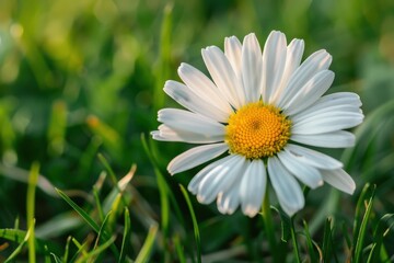 A close-up of a daisy flower, with its white petals and yellow center set against a background of green grass.