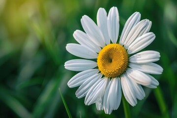 A close-up of a daisy flower, with its white petals and yellow center set against a background of green grass.