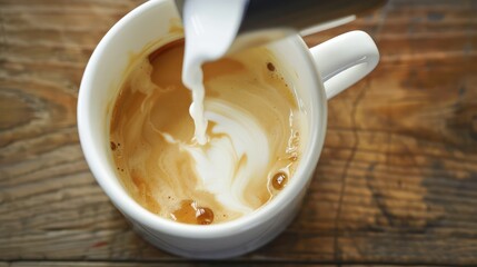 Pouring of milk in cup of hot coffee on table