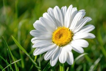 Obraz premium A close-up of a daisy flower, with its white petals and yellow center set against a background of green grass.