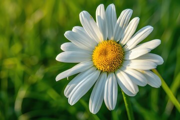 Obraz premium A close-up of a daisy flower, with its white petals and yellow center set against a background of green grass.