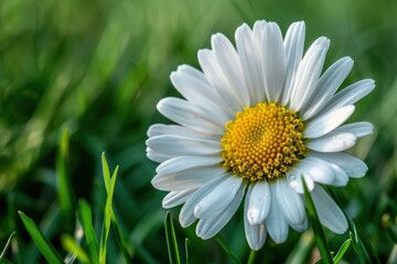 Obraz premium A close-up of a daisy flower, with its white petals and yellow center set against a background of green grass.