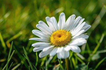 Fototapeta premium A close-up of a daisy flower, with its white petals and yellow center set against a background of green grass.