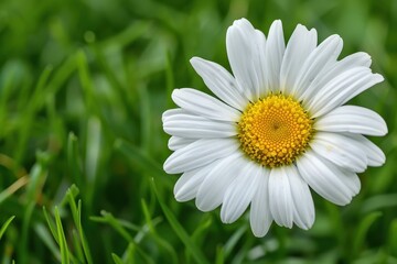 A close-up of a daisy flower, with its white petals and yellow center set against a background of green grass.