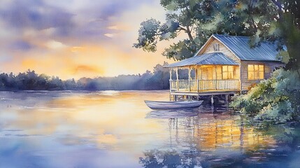 Fototapeta premium A watercolor painting of a small cabin on stilts by a lake at sunset with a small boat tied up to the shore.