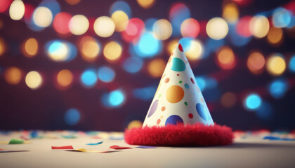 The Perfect Party Accessory: A Colorful Party Hat Against a Background of Festive Lights