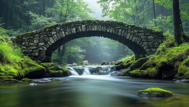 Stone bridge over a flowing stream in a lush forest.