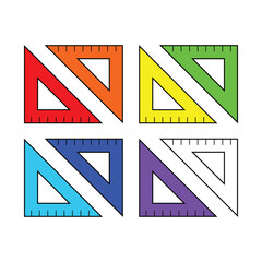 Set of vector color triangle rulers, isolated on the white background. Red, orange, yellow, green, light blue, blue, purple and black outline