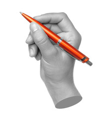 Hands with orange pen isolated on transparent background. Contemporary art
