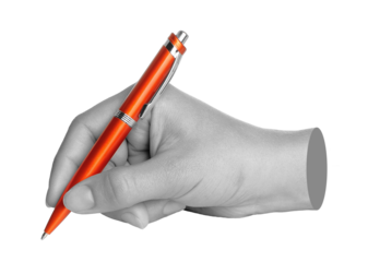 Hands with orange pen isolated on transparent background. Contemporary art