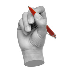 Hands with orange pen isolated on transparent background. Contemporary art