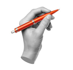 Hands with orange pen isolated on transparent background. Contemporary art