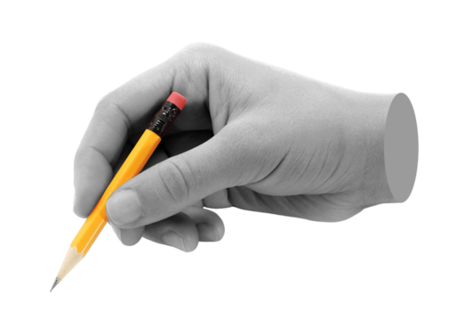 Hand with pencil isolated on transparent background. Contemporary art