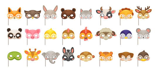 Animal masks for carnival party or birthday festival costume, vector cartoon zoo faces. Funny animal muzzle masks on stick for kids birthday or masquerade event and carnival costume props