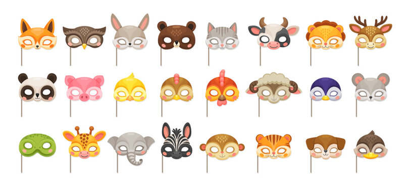 Animal masks for carnival party or birthday festival costume, vector cartoon zoo faces. Funny animal muzzle masks on stick for kids birthday or masquerade event and carnival costume props