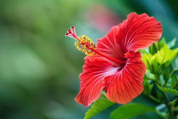 A close-up of a hibiscus flower, with its bold red petals and prominent yellow stamen, set against a lush green background
