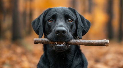 A black Labrador retriever holds a stick in its mouth, standing outdoors in a forest during autumn, with a backdrop of golden leaves.