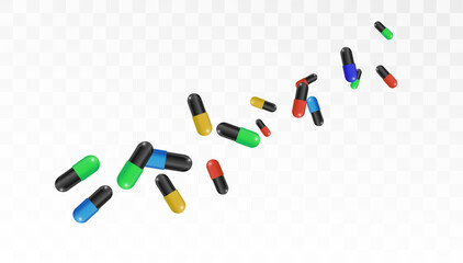 Capsules of two parts of tablets are scattered in a chaotic order. Vector for pharmaceutical design and industry.