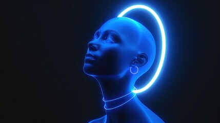 Futuristic blue mannequin with glowing halo effect in a dark background