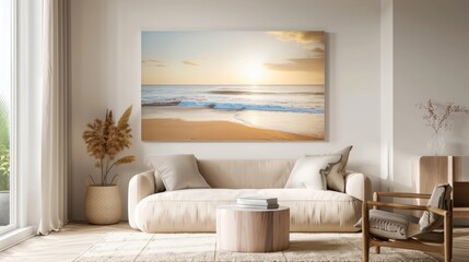 A tranquil living space showcases beach-themed artwork against beige and white tones, with soft sunlight illuminating the room