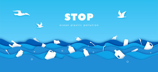 Paper cut environment banner with plastic in sea, polluted water ocean and wastes, vector background. Sea pollution with plastic, banner for save planet, ecology conservation and nature protection