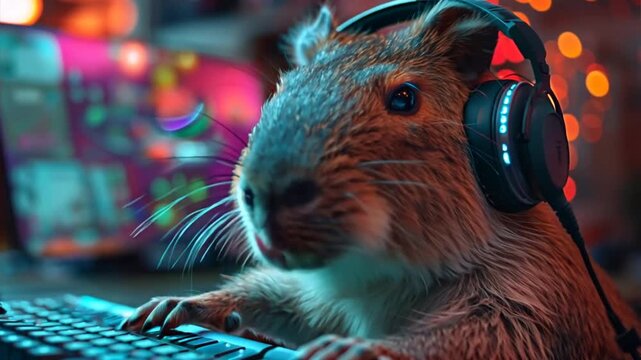 Gamer Guinea Pig Dominating the Digital Playground: A captivating close-up of a guinea pig, illuminated by the glow of a gaming setup, engrossed in a game with headphones on. 