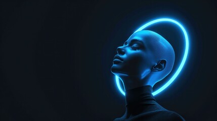 Obraz premium Futuristic woman with glowing blue halo against a dark background